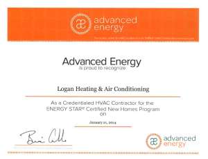 Logan Heating & Air Conditioning Credentialed HVAC Contractor Certificate from Advanced Energy
